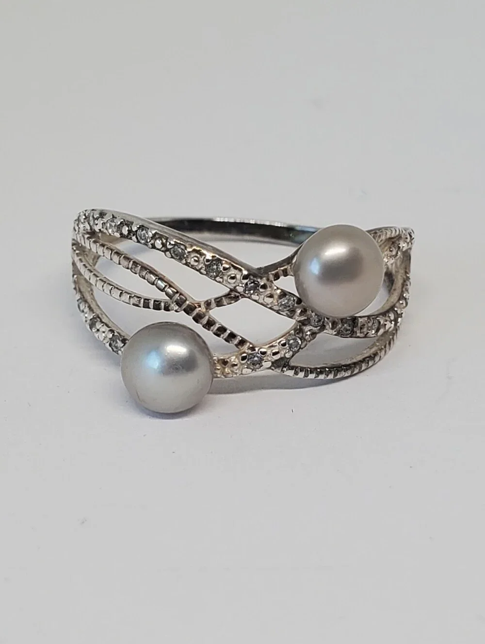 Avon Sterling Silver Pearl CZ Bypass Ring